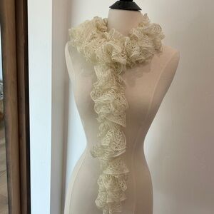 New Elegant hand knitted Cream Ruffled Scarf Gold accents crochet
